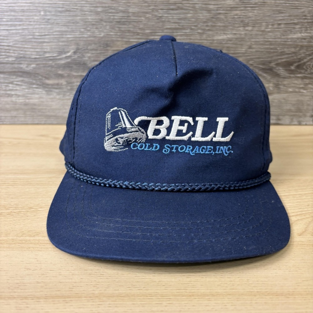 Vintage Bell Cold Storage Hat Cap Snap Back Navy Blue Rope Embroidered Mens 90s